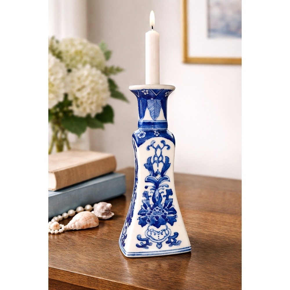 Vintage 9" Blue White Chinoiserie Porcelain Taper‎ Candlestick Holder Floral
